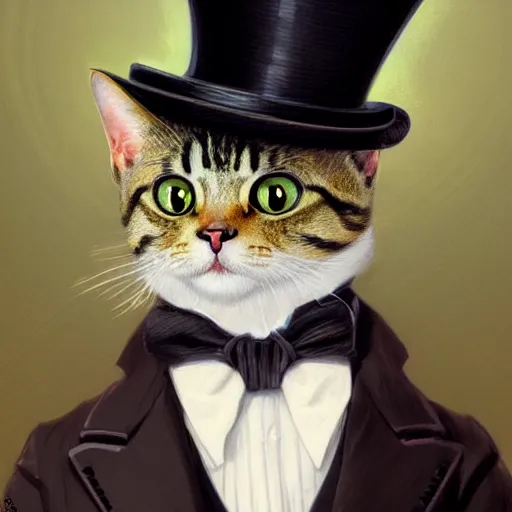 Prompt: close portrait of a fancy cat ( animal ) with a top hat and monocle, vaporwave, highly detailed, digital painting, artstation, concept art, smooth, sharp focus, illustration, art by artgerm and greg rutkowski and alphonse mucha