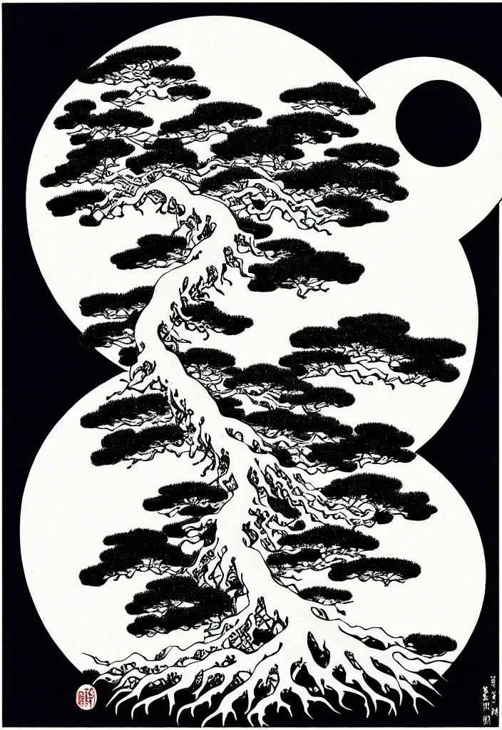 Prompt: prompt: white Bonsai tree roots merging into big moon drawn by Hokusai and Salvador Dali, Japanese woodblock print style, white moon and black background, clean ink detailed line drawing, intricate detail, manga 1990