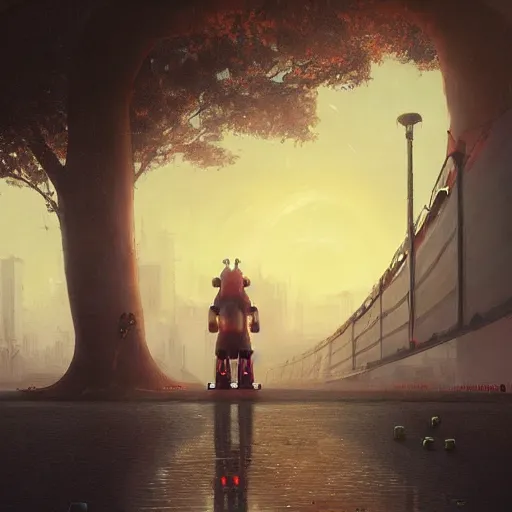 Image similar to digital painting of child playing with a huge humanoid robot in a park, sunset, a dark dystopian city behind a huge wall, stunning, cinematic lighting, concept art by greg rutkowski and simon stalenhag, artstation