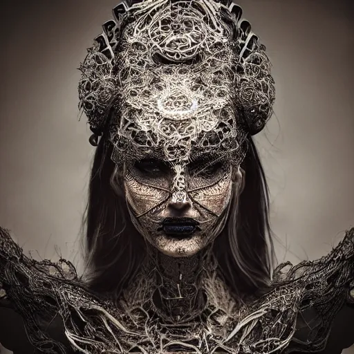 Image similar to a female harkonen model by stefan geselle and nekro borja, photorealistic, biomechanical, lace, intricate details, hyper realistic, ornate headpiece, photorealistic, canon r 3, photography, wide shot, photography, dark beauty, symmetrical features