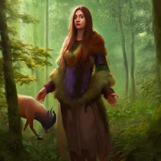 Image similar to a pretty female druid surrounded by forest animals, hyper realistic, digital painting, photorealistic, in the style of greg rutkowski, detailed face