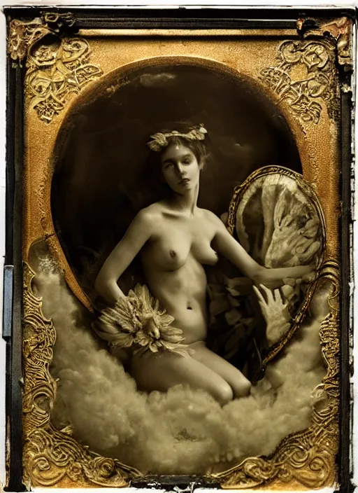 Image similar to old wetplate daguerreotype birth of venus, fractal, intricate, elegant, highly detailed, parallax, leica, medium format, subsurface scattering, by jheronimus bosch and greg rutkowski and louis jacques mande daguerre