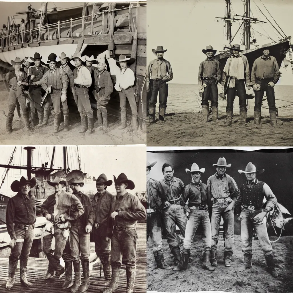 Prompt: a group of cowboys manning a ship