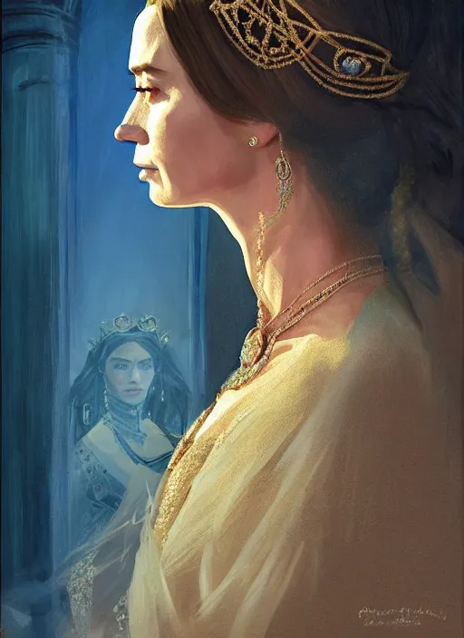 Prompt: portrait of emily blunt as queen, jewelry, greek, silk, sapphire, victorian age, 1 8 9 0, intricate, headshot, key visual, conceptart, ambient lighting, highly detailed, digital painting, artstation, concept art, sharp focus, by makoto shinkai and akihiko yoshida and greg manchess