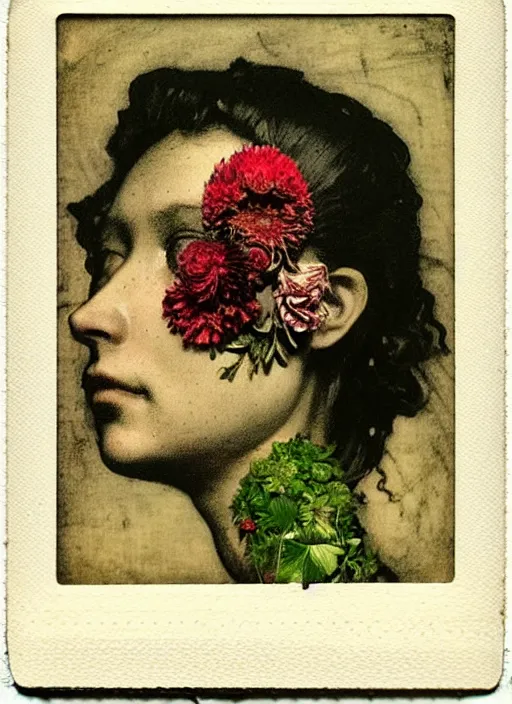 Image similar to beautiful and detailed rotten woman made of plants and many types of stylized flowers like carnation, chrysanthemum, roses and tulips, intricate, john constable, guy denning, gustave courbet, caravaggio, romero ressendi 1 9 1 0 polaroid photo