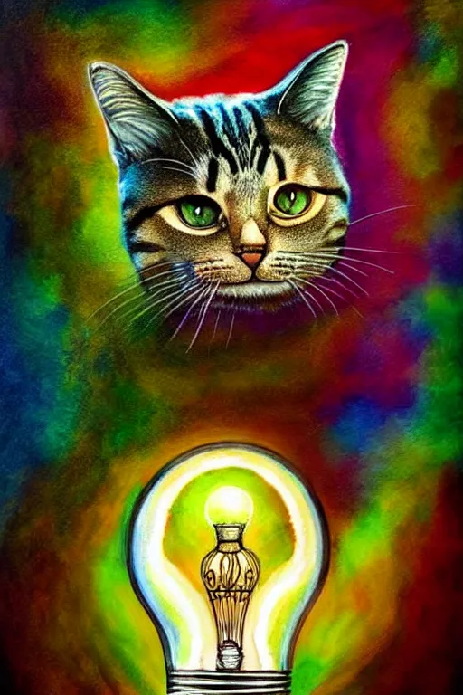 Image similar to portrait of a cat inside a light bulb, modern fine art, dreamscape, intricate, elegant, subsurface scattering, highly detailed, pop art painting, organic acrylic flow art, psychedelic surreal art, acrylic art, watercolor, featured on deviantart, cgsociety