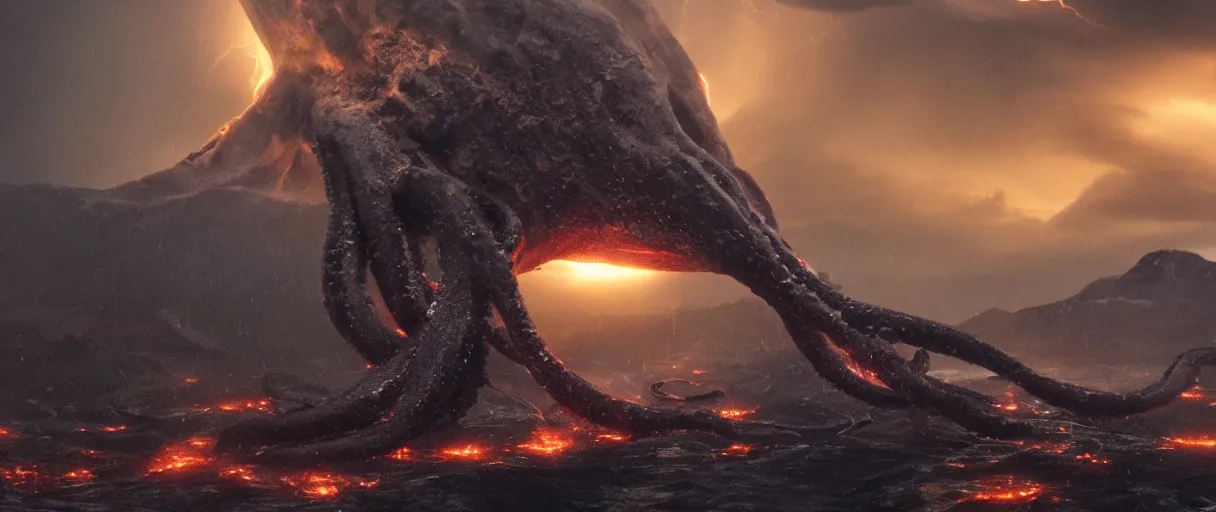 Image similar to a giant octopus god emerging over a rain forest, lightning, ambient sun, a volcano erupts, still from the movie the arrival, 8k