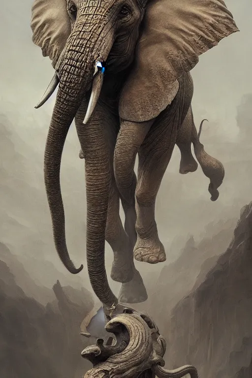 Prompt: ancient psychic tandem war elephant, hyperrealism, dark fantasy, concept art, by ernst haeckel, artgerm, greg rutkowski, h. r. giger and zdislaw beksinski, octane render, trending on artstation