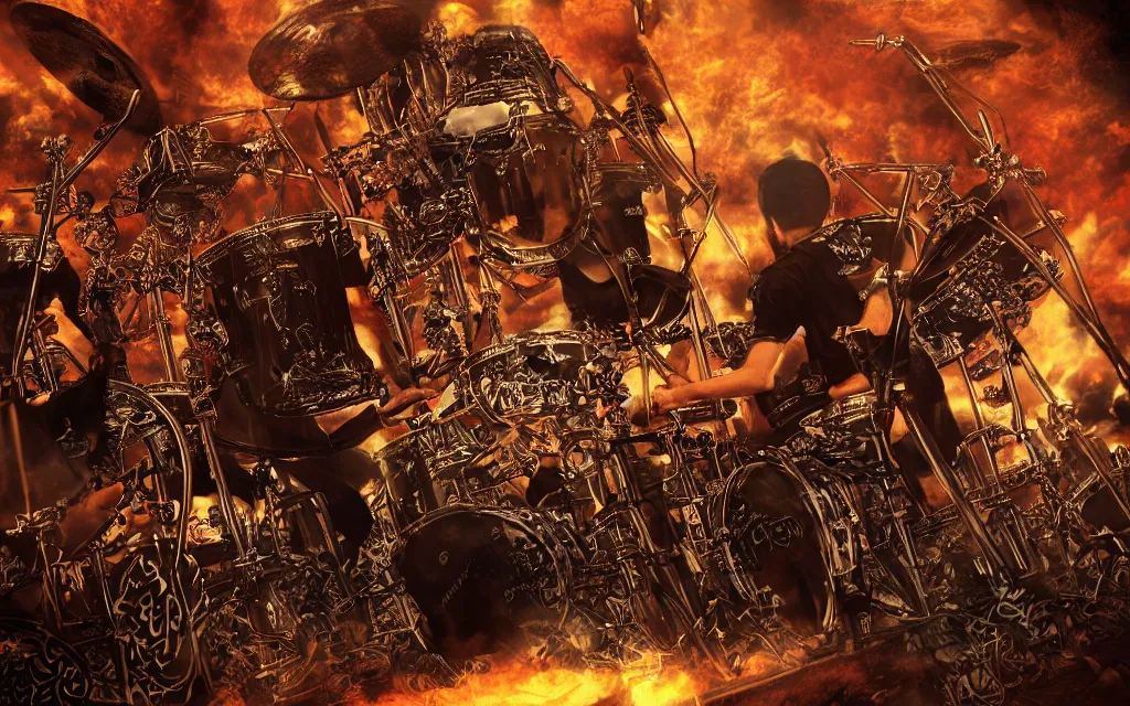 Image similar to khamenei playing drums in heavy metal band in hell hanged bodies in horizon, high definition, trending on artstation, unreal engine, photorealistic, high resolution,, trending on deviantart, hdr, hyper detailed, insane details, intricate, elite, ornate, elegant, luxury, dramatic lighting