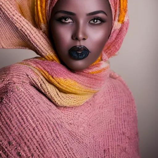 Image similar to studio photography, portrait image, somali woman, beautiful, vintage, dreamy, happy, pastel