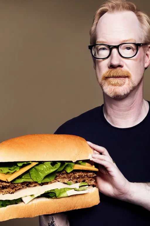 Image similar to 📷 portrait of adam savage with a sandwich for a head, still image, high resolution, 4 k