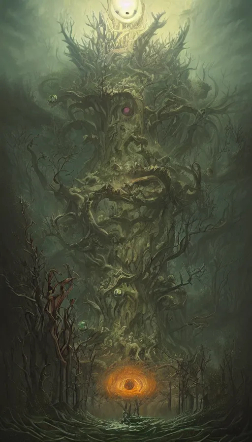 Prompt: a storm vortex made of many demonic eyes and teeth over a forest, by peter mohrbacher