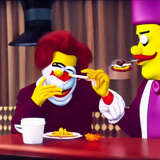 Prompt: Grimace and Ronald McDonald eating a burger while KFC King is bound and gagged in the corner
