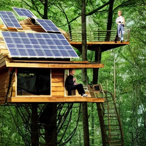 Image similar to mark zuckerberg sitting on the roof of a treehouse in a solarpunk utopia