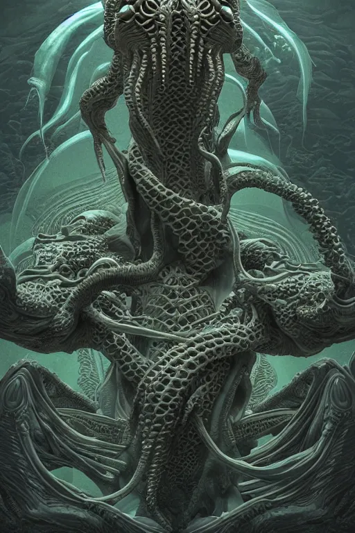 Image similar to digital masterpiece illustration concept art of porcelain statue of elon musk as cthulhu, extremely detailed and intricate complexity, epic composition, magical atmosphere, cinematic lighting, wide long shot, trending on artstation, 8 k