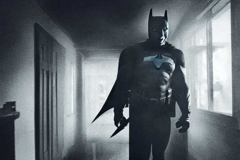 Image similar to batman wielding axe, chasing through hallway, creepy smile, atmospheric eerie lighting, dim lighting, bodycam footage, photograph