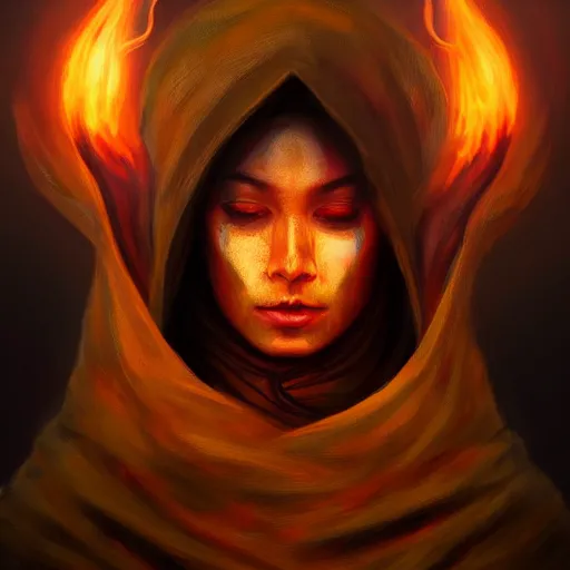 Prompt: ( a priestess with a hood that covers half her face carries an incense burner that emits a pleasantly colored flame. ) by anato finnstark, photorealistic, full body portrait, dynamic lighting, beautiful, trending on artstation, wallpaper, 4 k, award winning, digital art, very detailed faces