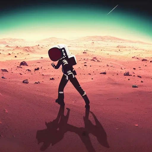 Prompt: A wide-angle shot from below of a female astronaut with an athletic feminine body walking with swagger toward camera on Mars in an infinite universe, synthwave digital art