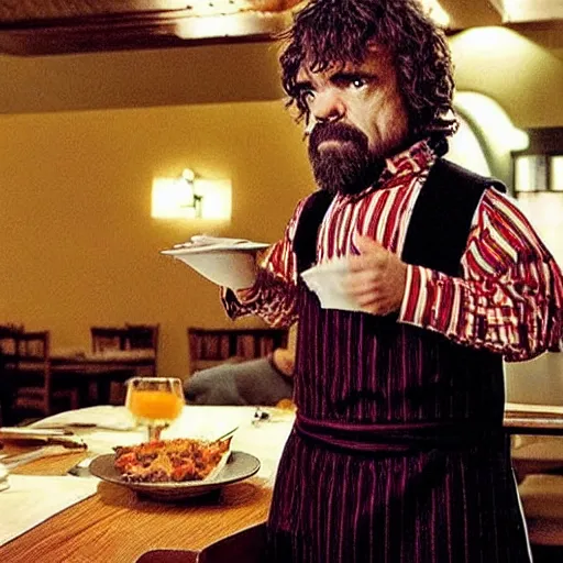 Image similar to “ film still of peter dinklage ordering food on stilts at an olive garden ”