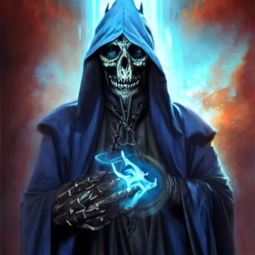 Prompt: undead lich with missing limb (left hand) and missing left eye, dressed in dark blue robes, fantasy, epic, portrait painted by raymond swanland