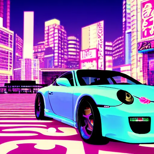 Prompt: vaporwave tokyo yakuza in suit driving in porche sports car driving at night city in background