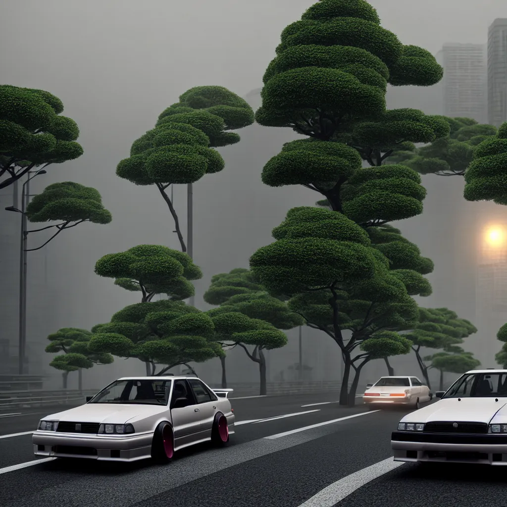 Image similar to car in center JZX100 twin turbo drift on a road, surrounded by trees and buidlings in Tokyo prefecture, rooftops are Japanese architecture, city at sunset heavy mist over streetlights, cinematic lighting, photorealistic, detailed wheels, highly detailed, ASDF render