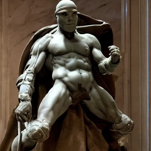 Prompt: donatello of the teenage mutant ninja turtles as a sculpture from the renaissance artist michelangelo, made of white marble, high details, cinematic, dramatic lighting, photorealistic