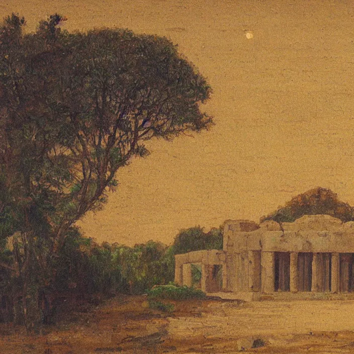 Image similar to a building in a serene landscape, ancient sumer painting