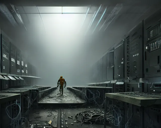 Image similar to spot boston dynamics in gloomy ruined server room in datacenter painting concept art of colossus, sharp focus, emitting diodes, smoke, artillery, pacing, computers, racks, motherboard, by pascal blanche rutkowski artstation detailed matte painting, 4 k resolution