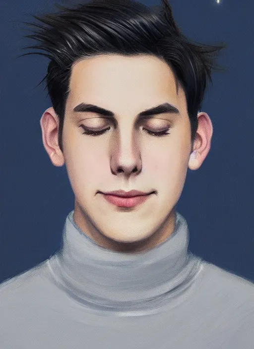 Image similar to portrait of teenage jughead jones wearing a light grey crown, crown, blue turtleneck, closed eyes, eyes closed, smile, crown, black hair, intricate, elegant, glowing lights, warm lighting, highly detailed, digital painting, artstation, concept art, smooth, sharp focus, illustration, art by wlop, mars ravelo and greg rutkowski