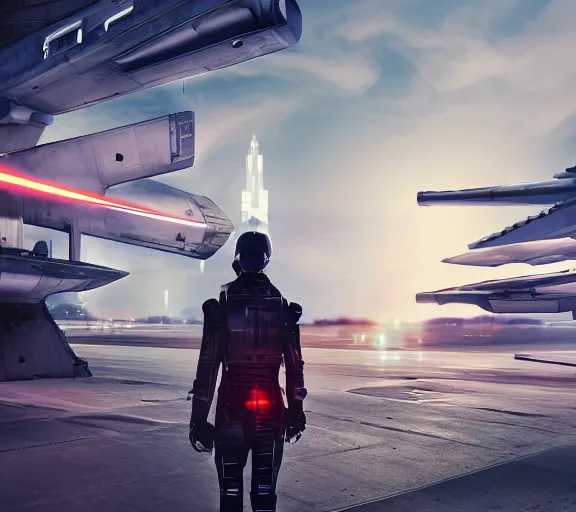 Image similar to fighter pilot stands beside futuristic sci fi fighter jet landed at runway of cyberpunk city ,dark cinematic lighting , digital concept art