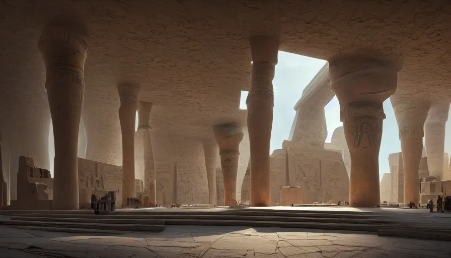 Prompt: the inside of a monument with egyptian motifs, by tim blandin and arthur haas and bruce pennington and john schoenherr, big windows architecture by zaha hadid, octane render, cinematic, scenery, cgsociety, modernism, futuristic, trending on artstation, sci - fi, high detail, high quality, sharp focus, close up angle, people walking
