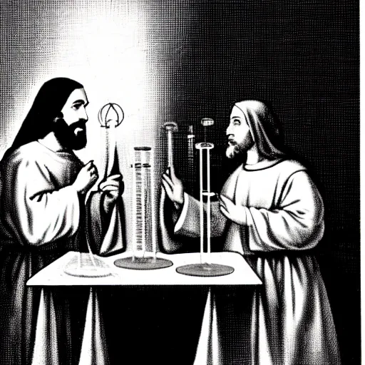 Prompt: a female professor and jesus in a university chemistry lab, running the experiment that proofs jesus transubstantiation ; surrealistic