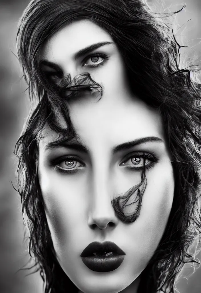 Image similar to young beautiful woman, gorgeous face, black and white photography, surreal, artist, flipped hair, 8 k, unreal engine 5, ultra sharp focus, art by victoria siemer, kirsty mitchell, laura zalenga