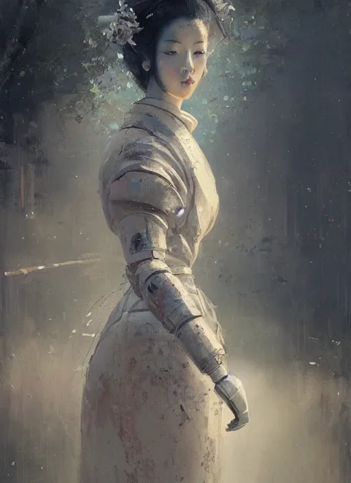 Image similar to female robot geisha girl, beautiful face, rule of thirds, intricate outfit, backlit, by greg rutkowski, by jeremy mann, digital painting