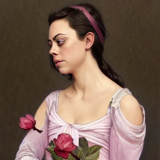 Image similar to pink petals with a ahape of a wonderful aubrey plaza and christina ricci and mila kunis and olivia newton john, intricate, elegant, highly detailed, wonderful eyes, sweet, digital painting, artstation, concept art, smooth, sharp focus, illustration, art by artgerm and greg rutkowski and alphonse mucha and william - adolphe bouguereau