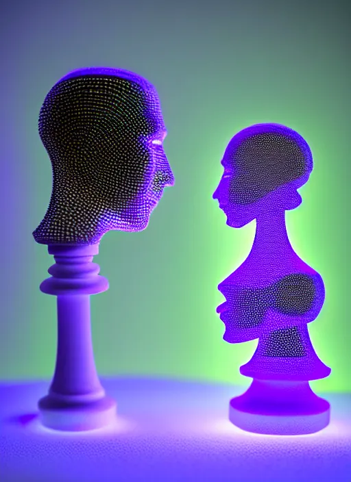 Image similar to ( isometric view, 3 d printed extruded filiment, beautiful woman queen chess piece, bioluminescence, beautiful face, reflection of led lights, intricate detail, futuristic, very detailed, highly detailed background, sharpfocus, photorealism, soft diffuse autumn lights, some sun light ray, dark room wall, canon 5 d 5 0 mm lens