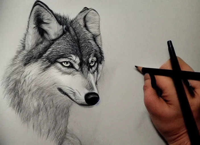 Prompt: a pencil drawing of a wolf, D&D made by by Pen Tacula