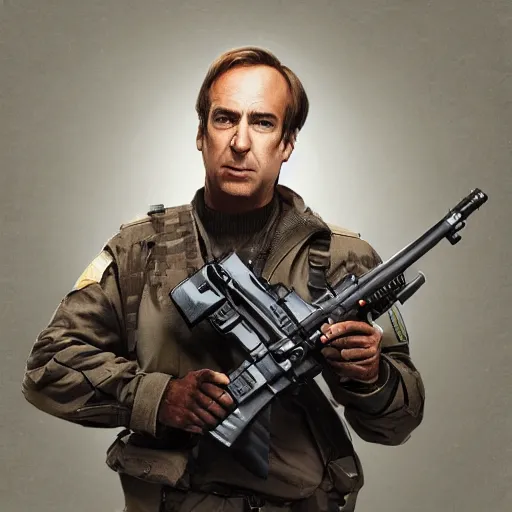 Prompt: Saul Goodman wearing heavy modern military gear and holding a machine gun, highly detailed, 4k