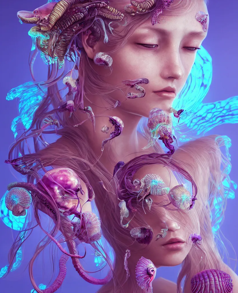 Image similar to goddess princess beautiful woman face close-up portrait ram skull. jellyfish phoenix head, nautilus, orchid, skull, betta fish, bioluminiscent creatures, intricate artwork by Tooth Wu and wlop and beeple. octane render, trending on artstation, greg rutkowski very coherent symmetrical artwork. cinematic, hyper realism, high detail, octane render, 8k