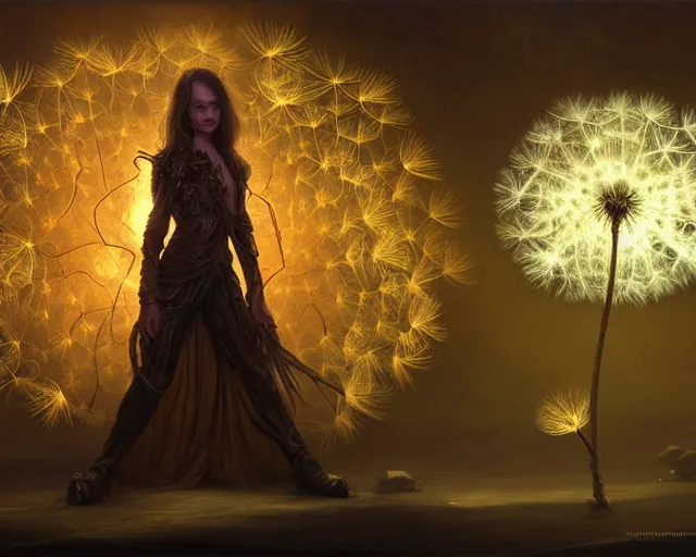 Image similar to 4 k cinematic still portrait of a human figure dandelion monster in a dark liminal space room, amber glow, deep focus, d & d, fantasy, intricate, elegant, highly detailed, digital art, art station, concept art, matte, sharp focus, illustration, dark fantasy art, hearthstone, art by artgerm and greg rutkowski and alphonse mucha