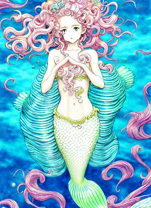 Prompt: manga of beautiful mermaid girl, curls hair, rococo ruffles dress, pastel rainbow, pearlescent, shimmering, reflective, rim light, detailed background, by takeshi obata, katsuhiro otomo, takato yamamoto, illustration, dark fantasitc, artstation, concept art, highly detailed, colorful, maximalist