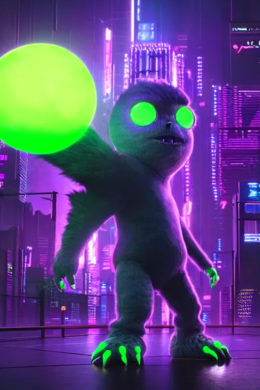 Image similar to high quality 3 d render cyberpunk very tennis ball monster highly detailed, unreal engine cinematic smooth, in the style of blade runner & detective pikachu, hannah yata charlie immer, purple light, low angle, uhd 8 k, sharp focus