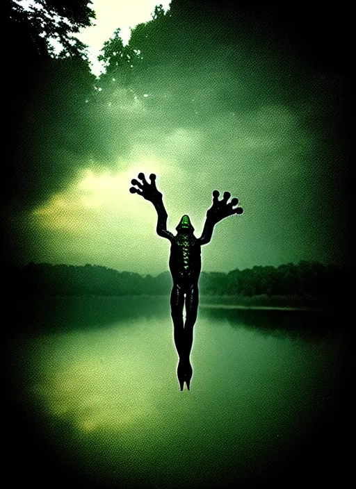 Prompt: “ghostlike frog amphibian vertically hovering over misty lake waters in jesus christ pose, low angle, long cinematic shot by Andrei Tarkovsky, paranormal, eerie, mystical”