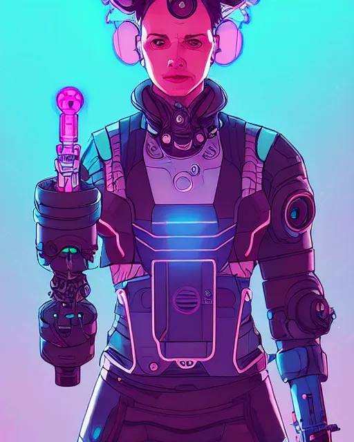Image similar to A cybernetic witch wielding a futuristic power staff, digital apex legends illustration portrait, gorgeous lighting, wide angle action dynamic portrait, art by Josan Gonzalez, Pink and blue palette, high contrast,