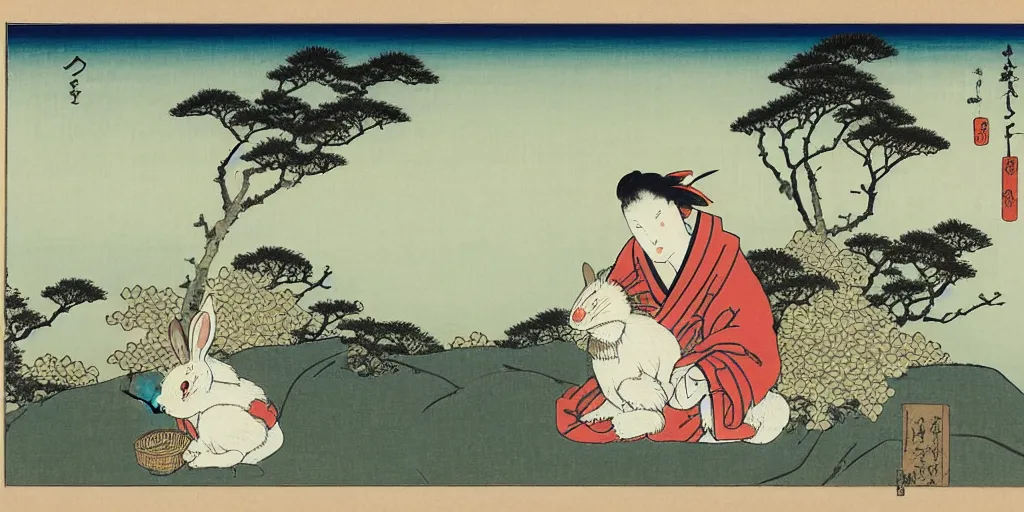 Image similar to ukiyo - e woodblock print of a rabbit on top of a hill, trees in the background, by hokusai