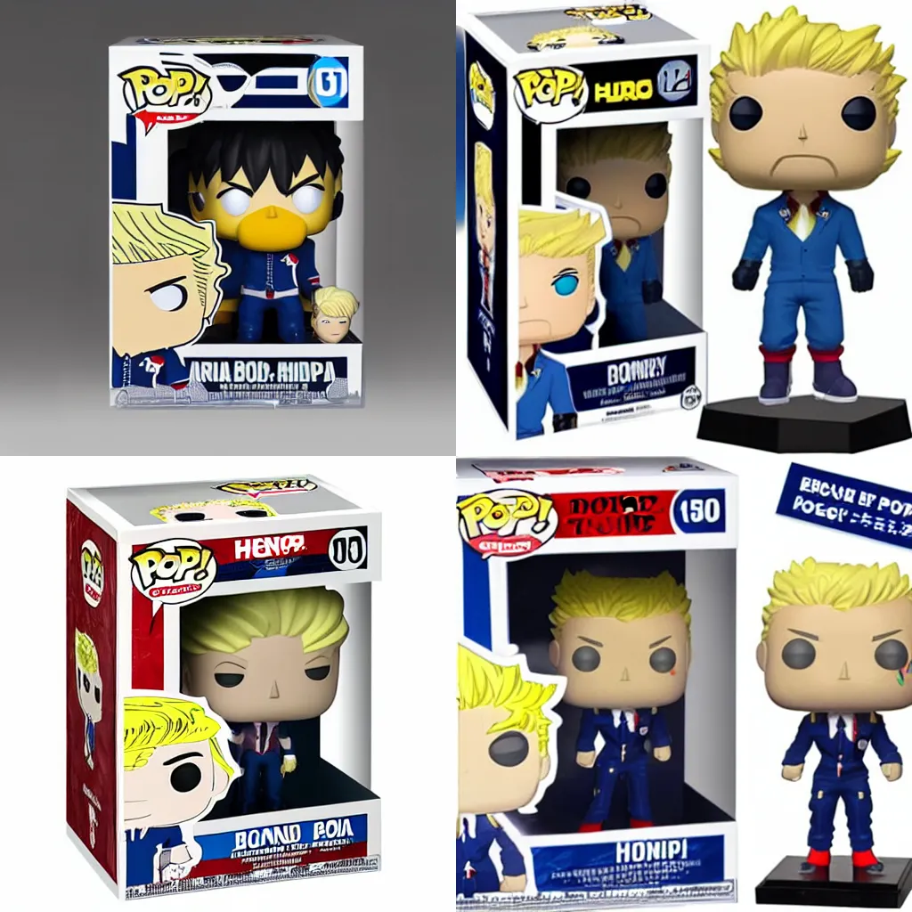 Prompt: Figurine My Hero Academia POP! donald trump, no pop! box, blond hair, blue suit, grey background