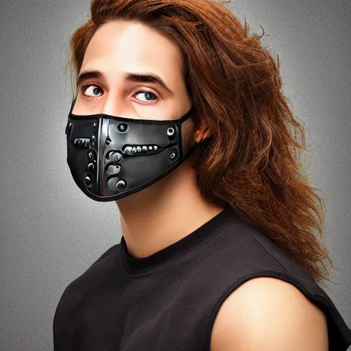 Prompt: professional fantasy digital art of a young adult man with slightly long hair wearing a black face mask and a form-fitting dark sweatshirt, high quality, HD, 8K, highly detailed, award-winning, dark color palette