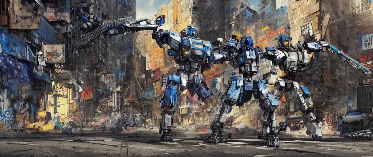 Image similar to chappie battles ed - 2 0 9 in a ghetto in nyc, circa 9 0 0 0, designed by syd mead moebius sorayama jack kirby, hdr, photorealistic, graffiti background, octane render, 8 k