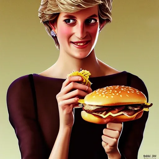 Prompt: portrait of a Princess Diana eating a hamburger, extra onions and ketchup, luscious patty with sesame seeds, masculine, handsome, D&D, fantasy, intricate, elegant, highly detailed, digital painting, artstation, concept art, matte, sharp focus, illustration, art by Artgerm and Greg Rutkowski and Alphonse Mucha